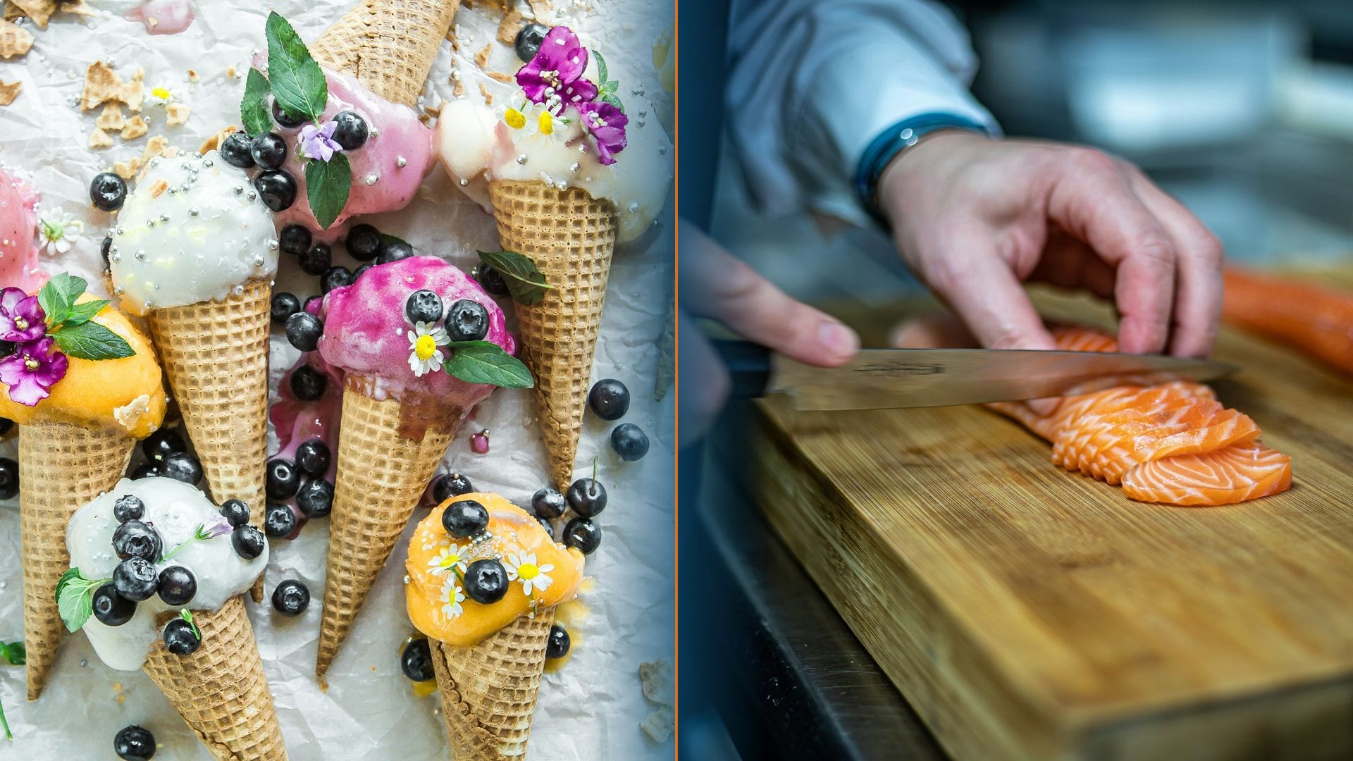 Lody na patyku obok dłoni krojącej łososia — oferta detaliczna i gastronomiczna Lechtom