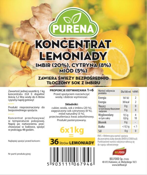 KONC. LEMONIADY IMBIR-CYTRYNA-MIÓD 1L PURENA (6)